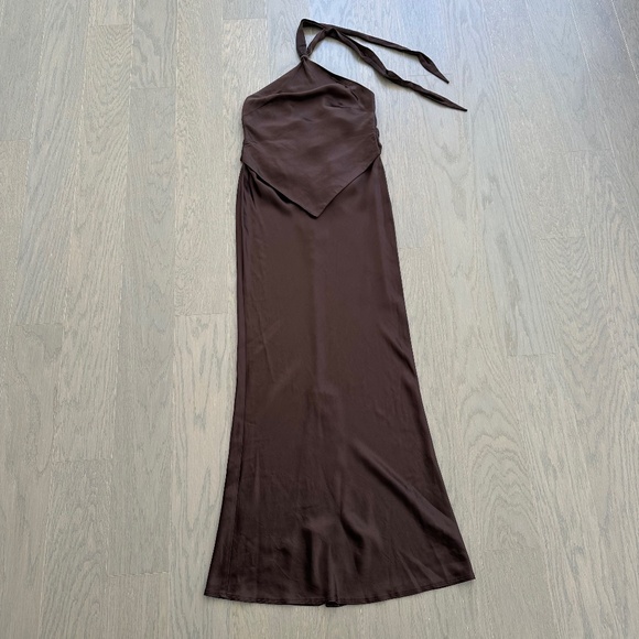 Retrofete Ester Halter Satin Maxi Dress Chocolate Brown Tie Open Back - SMALL - Picture 2 of 12